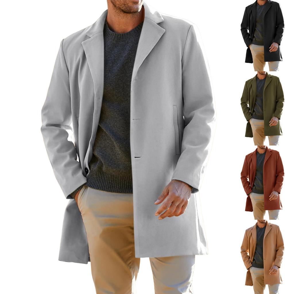 Trench Coat Men Wool Blend Coat Notched Collar Single Breasted Overcoat Business Casual Winter Jacket With Pockets