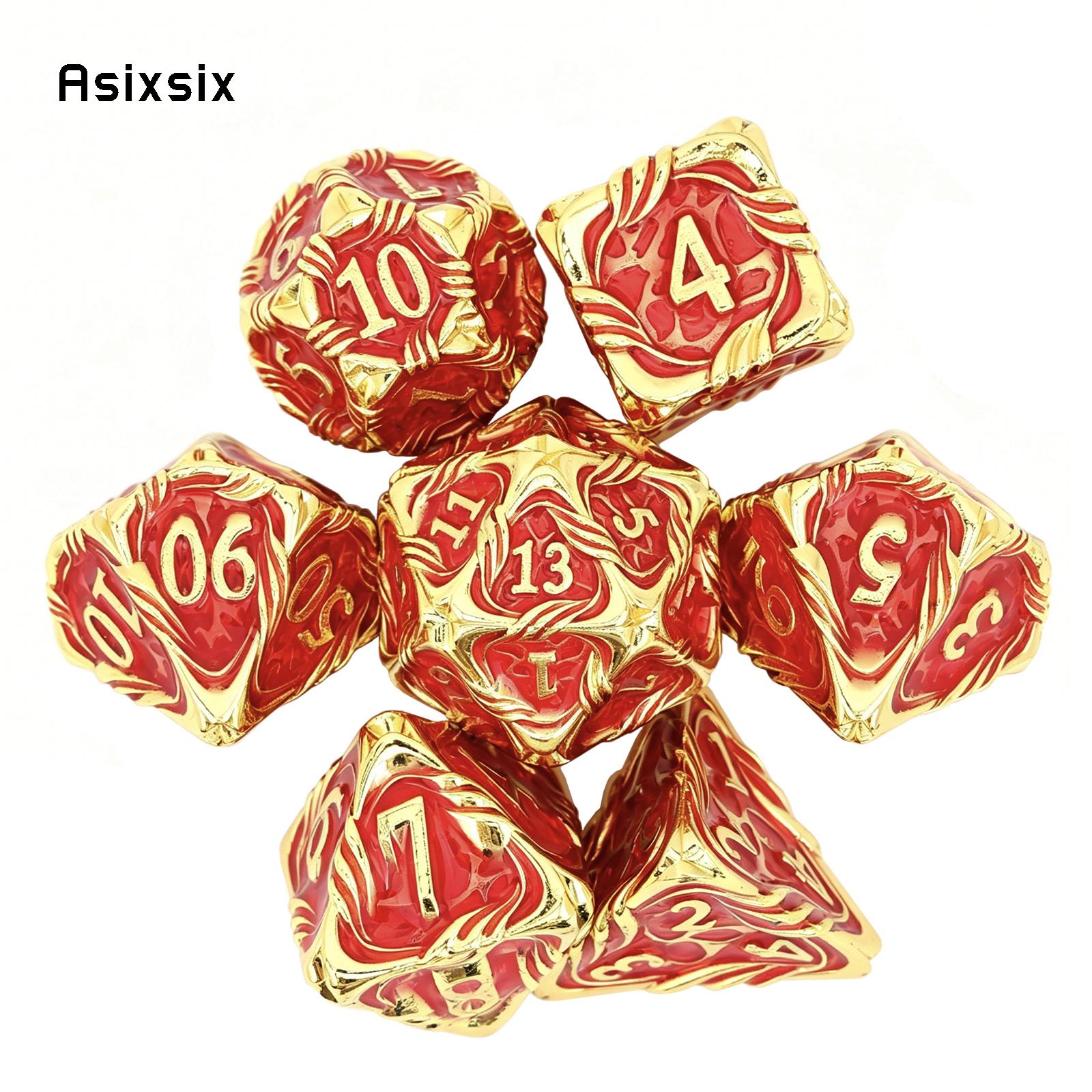 7 Pcs Red Yellow Tree Vine Metal Dice Solid Metal Polyhedral Dice Set Suitable for Role-Playing RPG Board Game Dice RPG