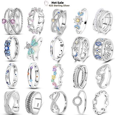 Rings for Women 925 Sterling Silver Stackable Pink Heart Stars Moon Sun Shine Blue AAA Zircon Daisy Finger Rings Wedding Jewelry