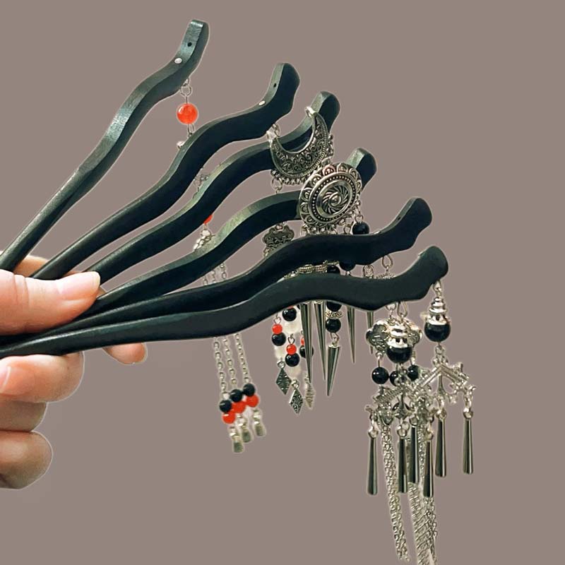 Vintage Chinese Style Wooden Tassel Hair Sticks For Women Girls Elegant Moon Hair Clip Hanfu Headwear Jewelry Hair Accessories