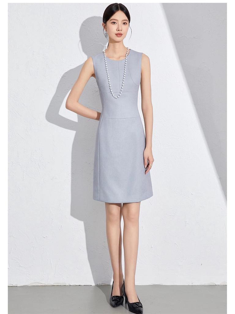 Women's High-End Gray-Blue Slim Fit Professional Suit Set - Includes Dress and Skirt