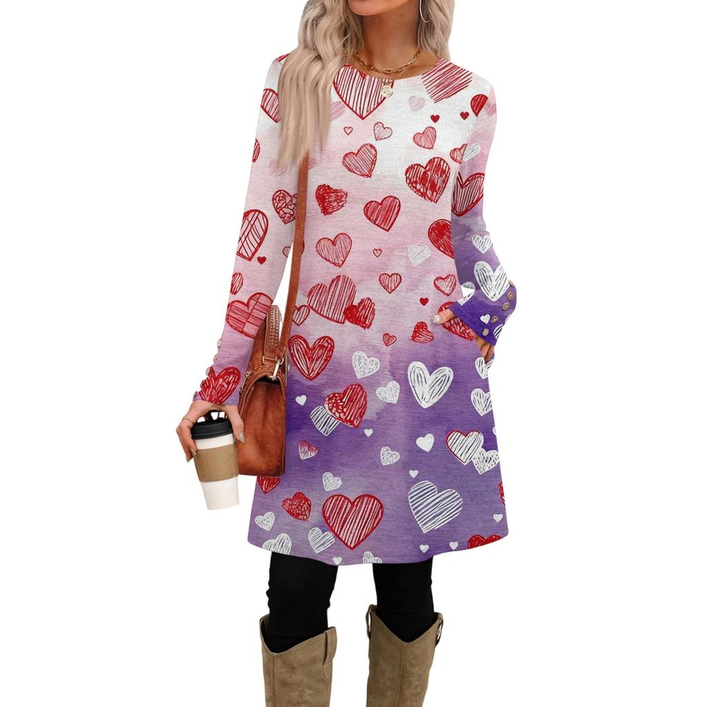 Women's Fashion Casual Pocket Decorative Button Dress Round Neck Long Sleeve Printed Dress