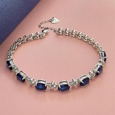 Pulsera Europea y Americana de Plata 925 Chapada con Piedra Azul Oscuro para Hombre y Mujer