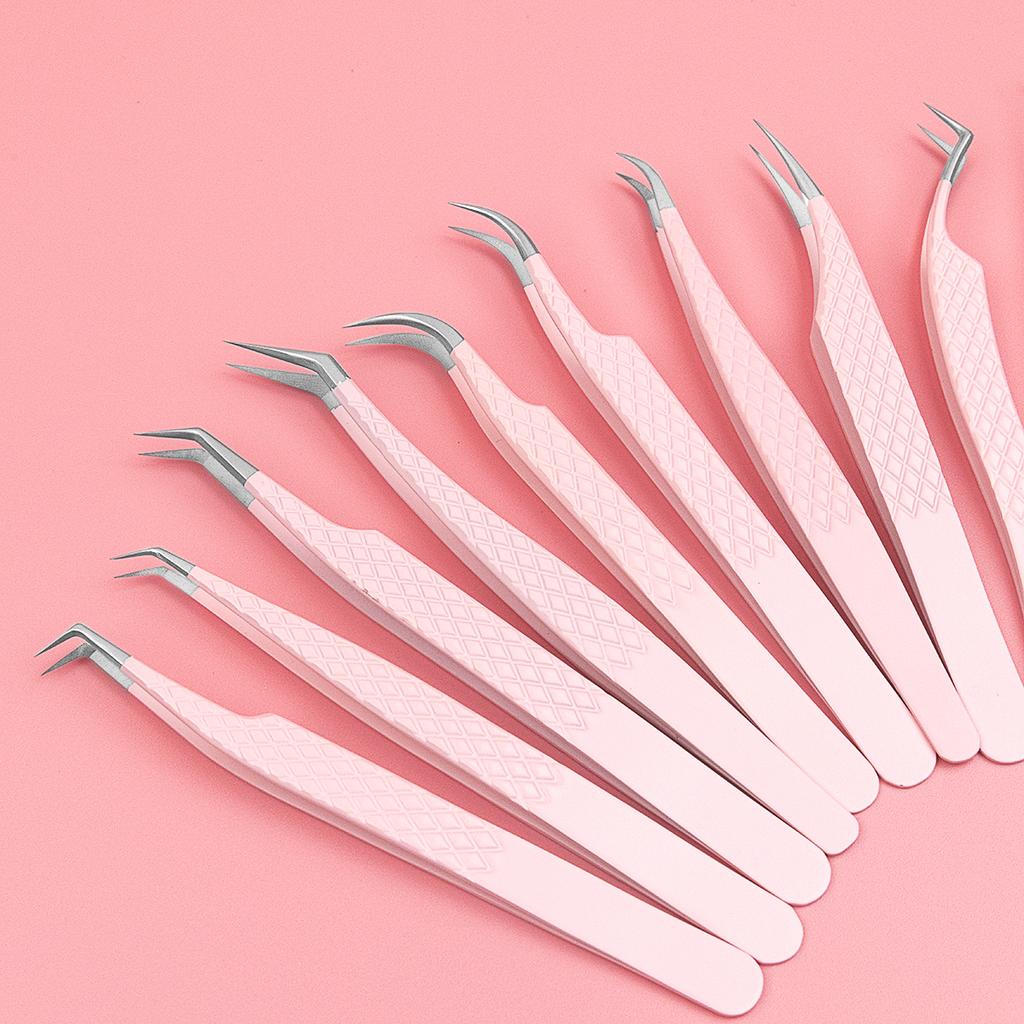Custom Logo Pink Fiber Tip Lash Tweezers Volume Lash Tweezers Lash Tech 90 Degree Tweezers for Eyelash Extension(NO BOX)