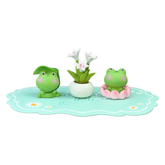 3Pcs Frog Figure with Pad Resin Frog Car Ornament Mini Green Plant Bonsai Pot Home Office Decor Car Interior Accessory