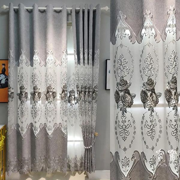 2PCS High Grade Chenille Large Hollowe Out Embroidered European Style Single Layer Cloth Curtains Living Room Balconies, Finished Blackout Curtains