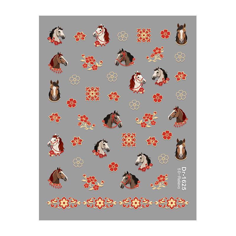 1Pc Cute Cartoon Pony Fireworks Embossed Nail Stickers Year of the Horse Relief Manicure Art Decoration Stick-on Nails