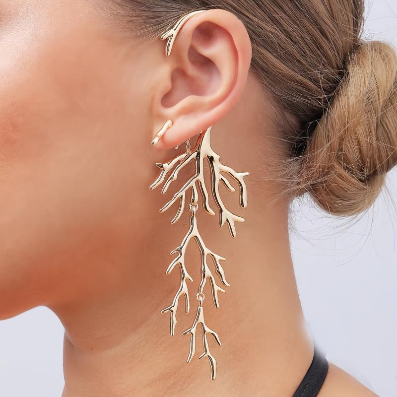 New Trend Fashion Gold Color Alloy Coral Left Right Asymmetric Large Earrings for Women Party Accessories