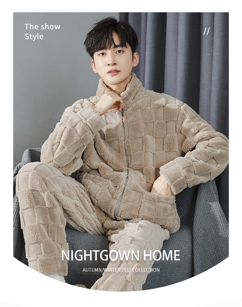 Men's Thick Coral Fleece Stand-Up Collar Zipper Pajamas - Warm Long Sleeve Homewear for Autumn & Winter