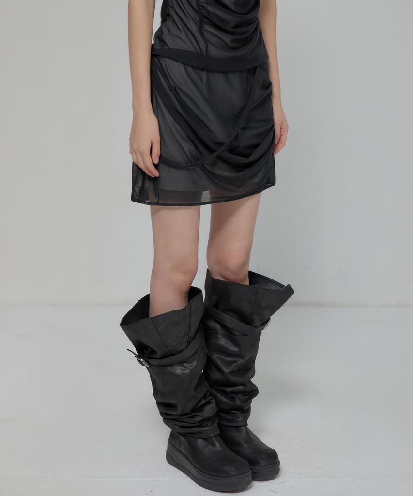Peulleeoeob Draped Mesh Layered Mini Skirt (Fl-265_Black)