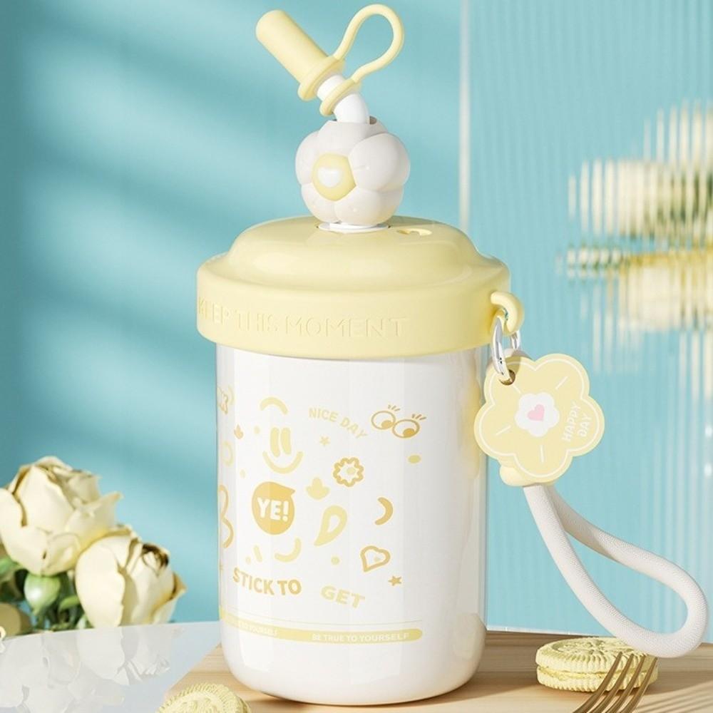 Cute Stainless Steel Straw Mixing Insulated Cup Leak Proof 520ml Vacuum Tumbler Keep Hot &Cold with Handle Milk Coffee Mug