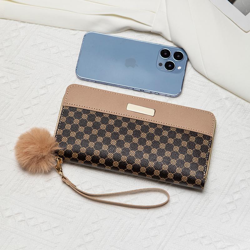 Women's Long Double layer Color blocking Wallet Summer New Personalized Hair Ball Multi card Clutch