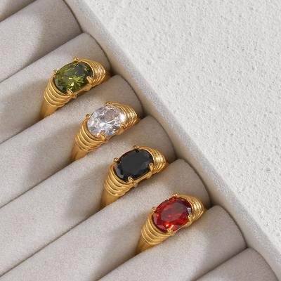 Anello in acciaio inossidabile placcato oro 18K con montatura a griffe ovale taglio 3A zircone lucido verde rosso nero bianco pietra anelli per donna