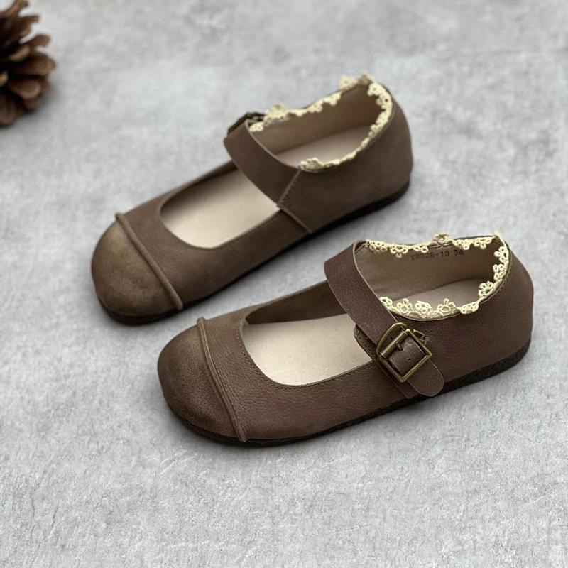 Leather Single Shoes Vintage Round Toe Flat Soft Cowhide Shoes
