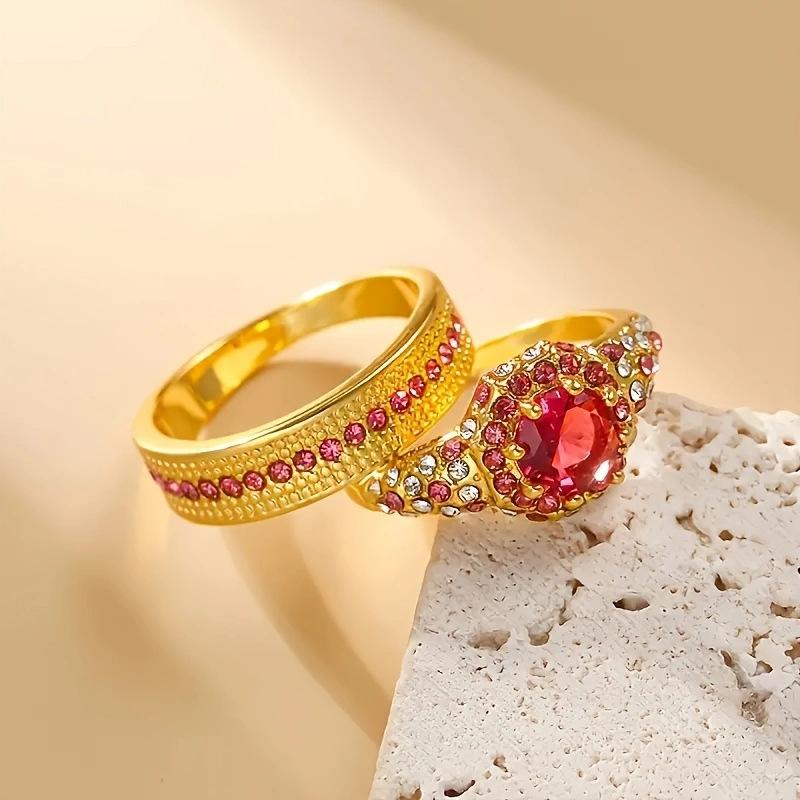 Diamond two-piece set of jewelry, simple and high-end fashion women's set of rings, wedding rings, pigeon blood red love