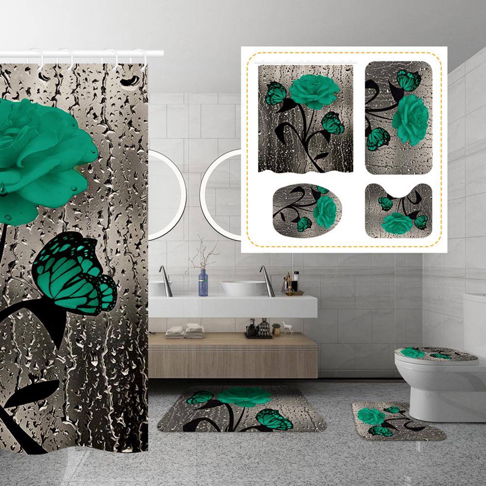 4Pcs Waterproof Shower Curtain Set Bathroom Curtain with Entrance Doormat Toilet Seat Cover Rug Anti-Slip Floor Mat Bath Decor