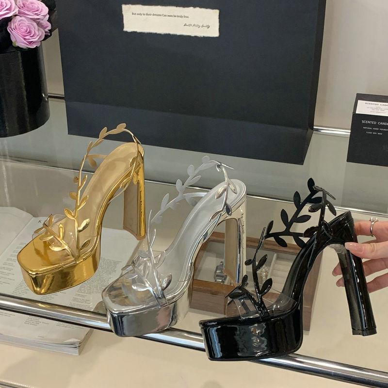 Fashion High Heels 2025 New Style Sexy Socialite Catwalk Leaf And Toe Exposed Woman Thick-Heeled Waterproof Platform Fashion Sandals