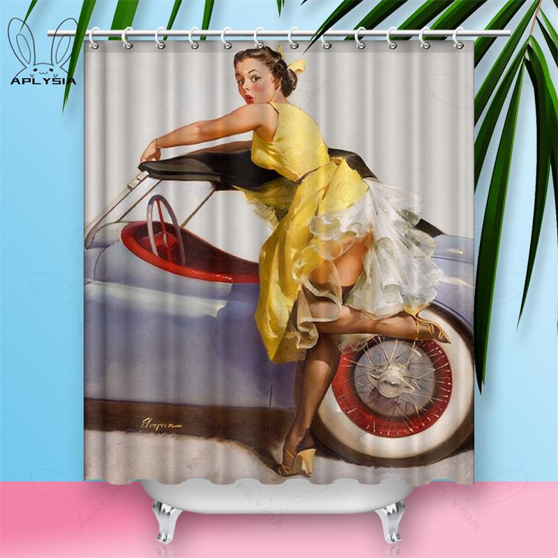 Custom Sexy Girl Hot Breast Shower Curtains European Retro Woman Skirt Dress Daily Waterproof Polyester Fabric Bathroom Curtain