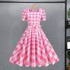 Women Vintage Plaid Print Dress Square Collar Short Sleeve Midi Dress High