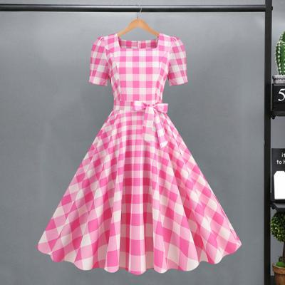 Rochie vintage cu imprimeu în carouri pentru femei, cu guler pătrat, cu mâneci scurte, rochie midi, cu talie înaltă, cu fundă, decor, rochie leagăn în linie A