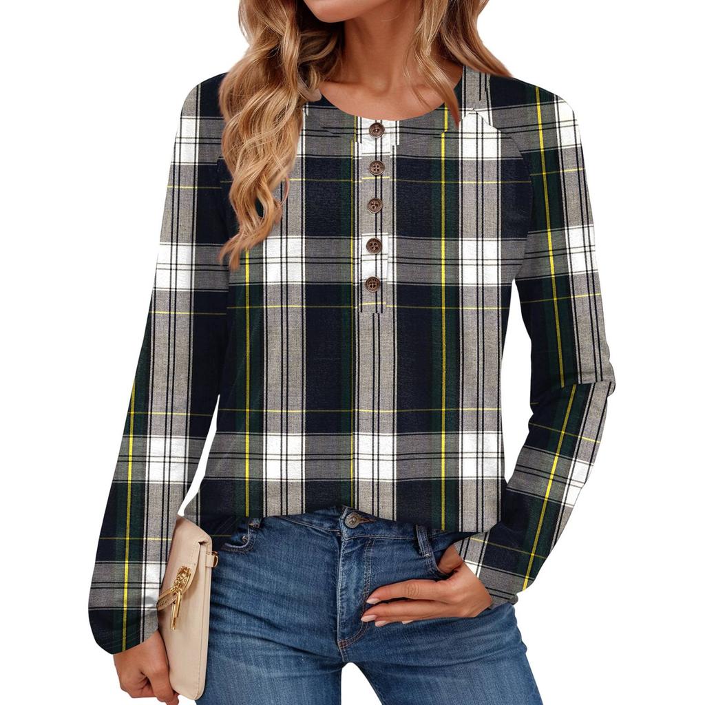 Women's Fashionable Plaid Print Round Neck Long-sleeved Top