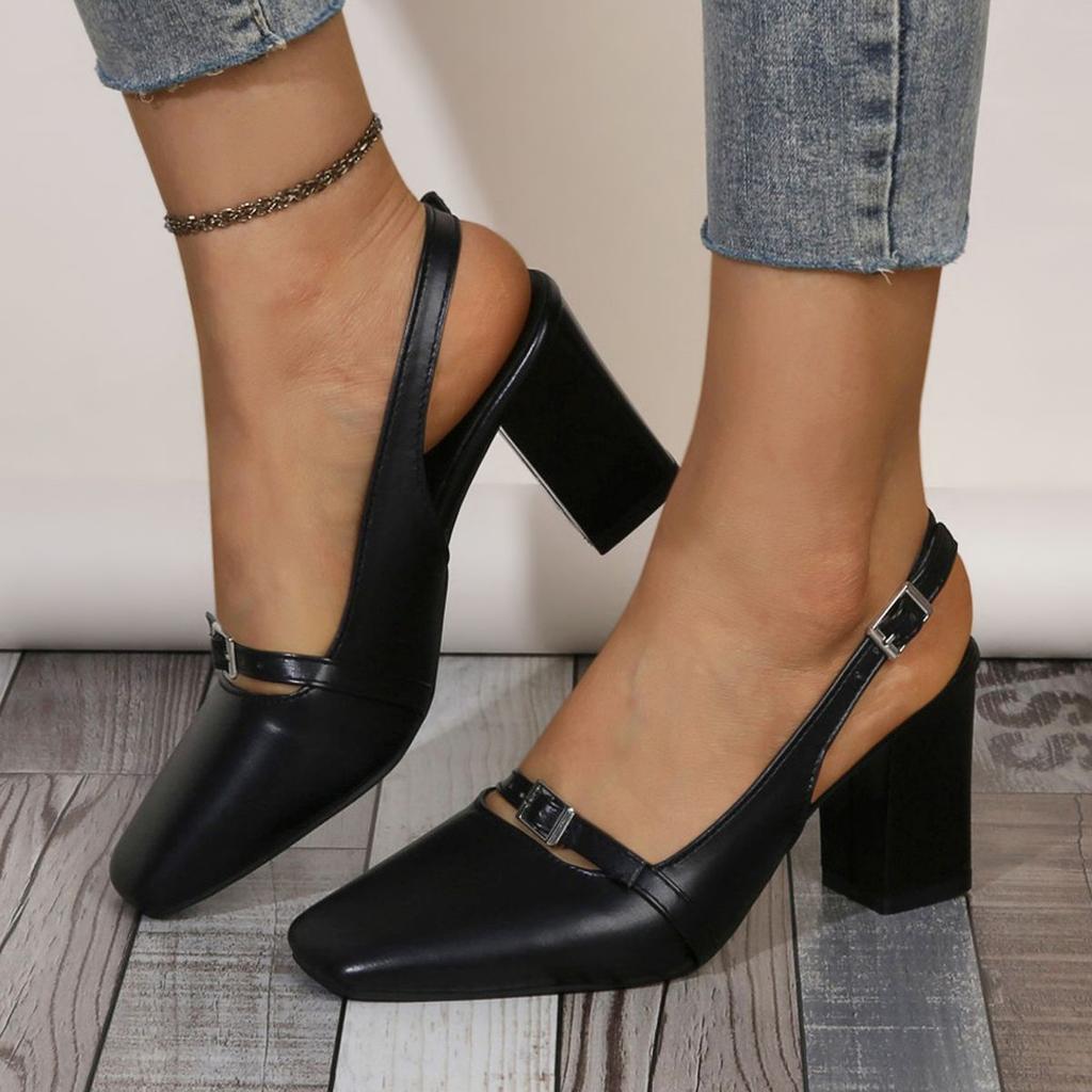 Women Sandals Retro Sling Back Pumps Women Vintage Square Toe High Heel Shoes Elegant Metal Decoration Dress Party Sandals Women