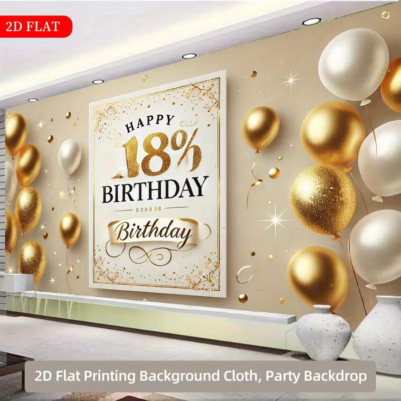2D Gold Balloon 18 Happy Birthday Party Decoration Backdrop with Ribbon
