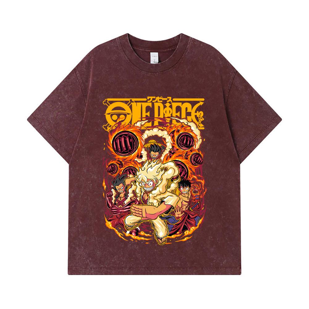 275 GSM Washed T-shirts 100% Cotton One Piece V5 Luffy Gears Print Unisex Heavy Cotton T Shirt