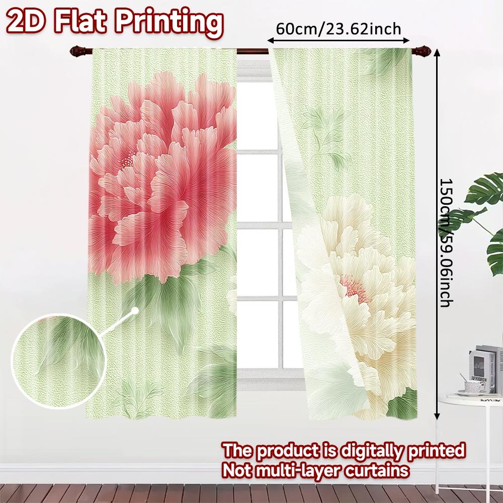 2D FLAT PRINTING 2pcs Curtains (Without Rod) Floral Peony Design Ramadan Festival Creative Curtains Semi-Sheer Curtains