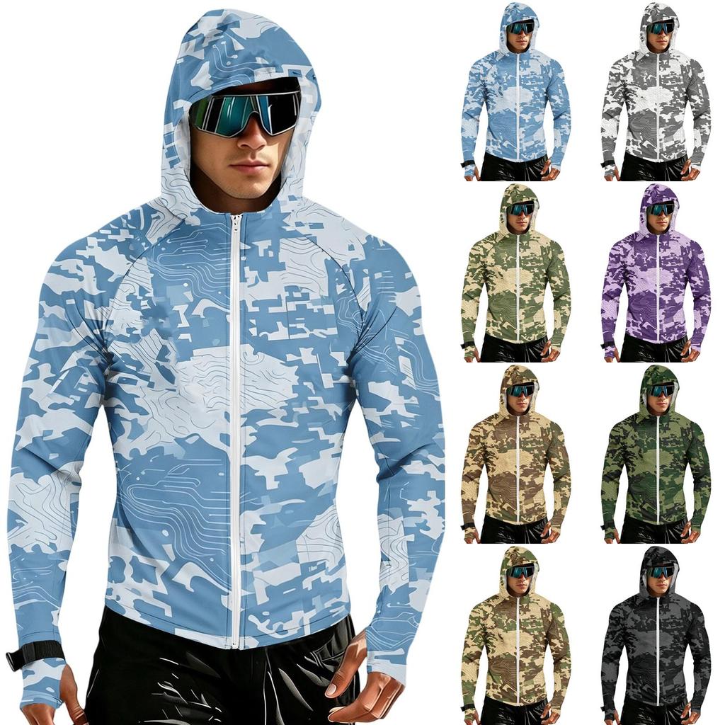 Men's Casual Raglan Sleeve Hooded Long Sleeve Sun Protection Jacket Lightweight Breathable Outdoor Sportswear with Full Zip Front