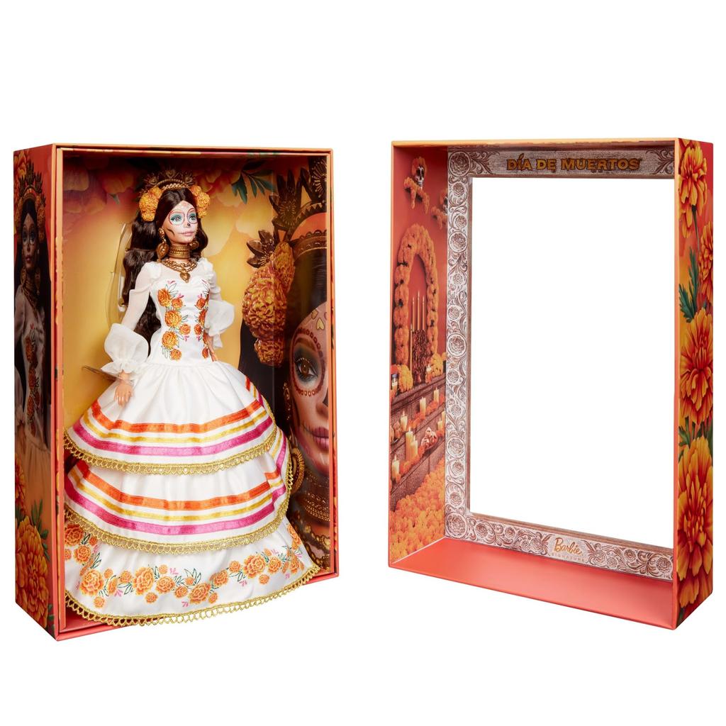 Firma con calendule color crema arricciate e un viso dipinto con fiori e Calavera per la bambola Barbie De Muertos 2025, abito, nastri, corona, Día