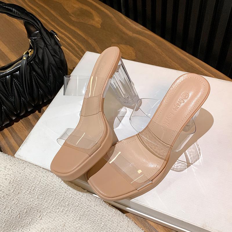 

Transparent high heels women s summer new one-word with waterproof table high-heeled slippers crystal heel thick-heeled sandals women 34