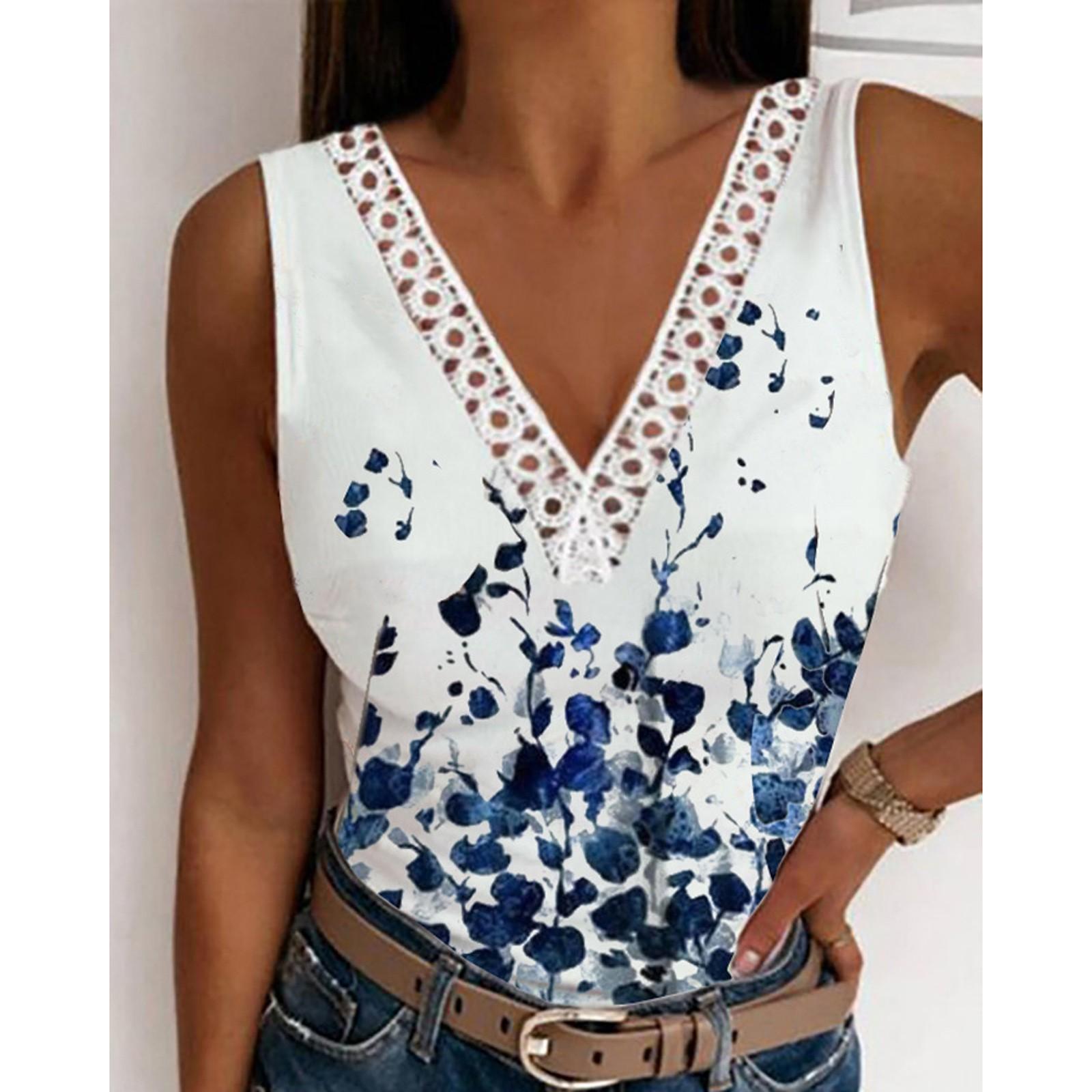 

Женская повседневная мода без рукавов с принтом и V-образным вырезом, свободный жилет, рубашка, топ S синий