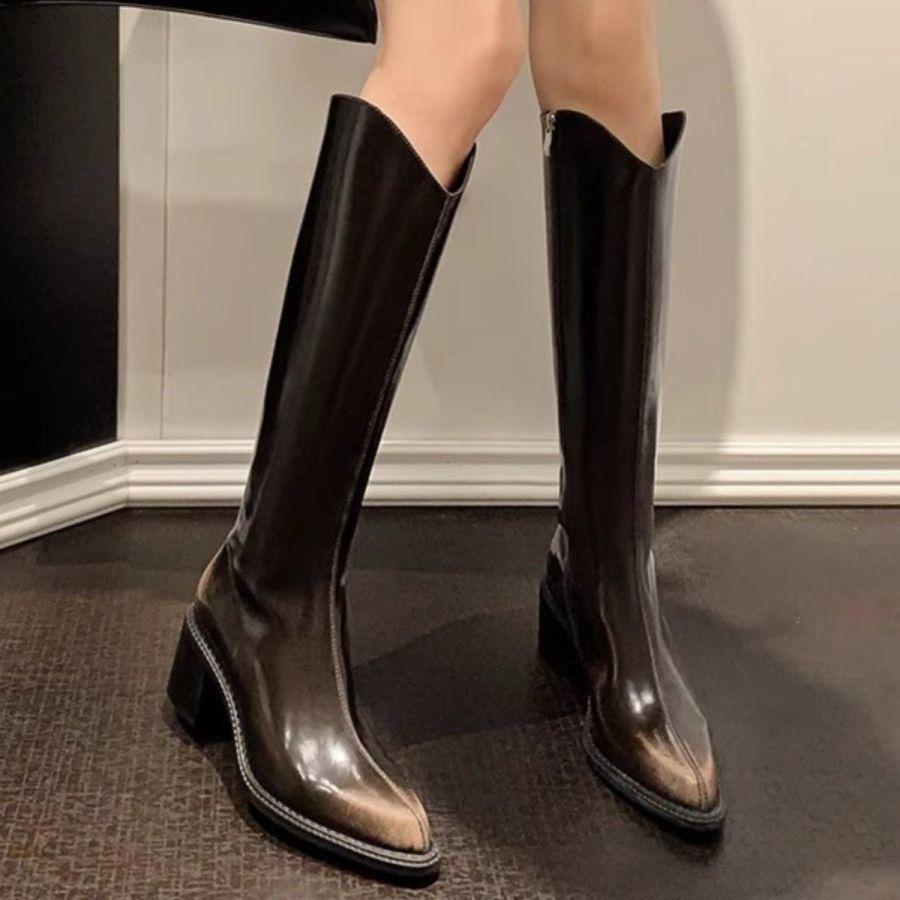 2025 autumn and winter new retro high boots pointed thick high heel boots slim legs foreign style small boots