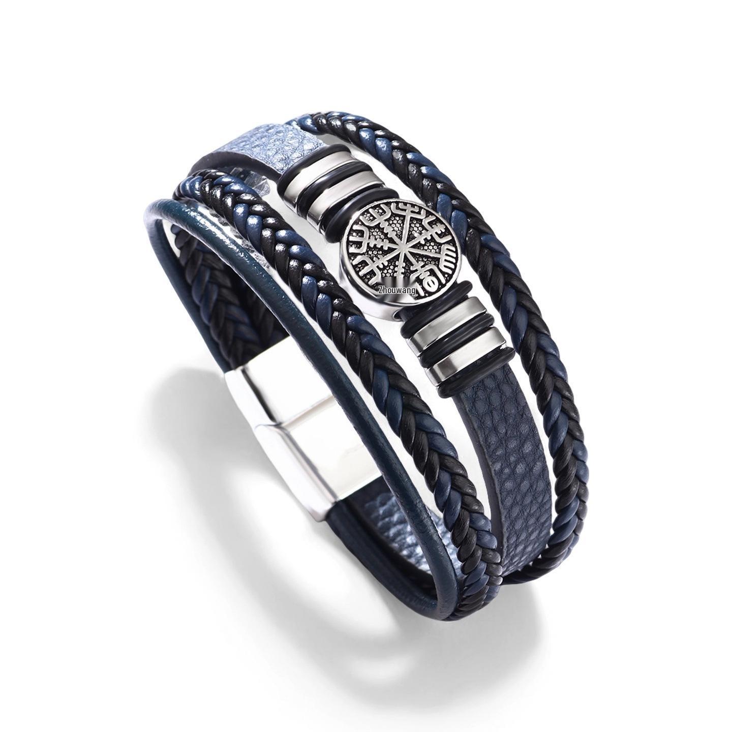 

Мужской многослойный плетеный кожаный браслет в панк-стиле с элементом компаса 7.5 inches синий