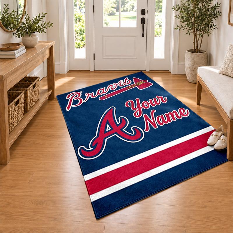 Atlanta Braves Custom Name Personalized Rug Non‑Slip Doormat Floor Carpet Housewarming Birthday Gift for Family Friends