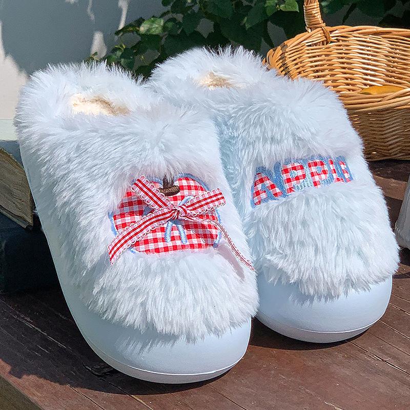 New plush cotton slippers women's winter bow indoor home thick bottom plush warm confinement cotton mop