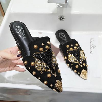 Fashion New Women Shoe Fashion String-bead Pointed Rhinestone Rivet Flat Women Slippers Slip-On Mules Loafer Sandals Slides Ladies Shoes