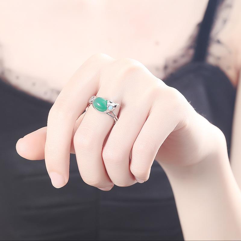 S925 Sterling Silver Zodiac Rat Chalcedony Open Ring Zodiac Year Ring Korean Jewelry