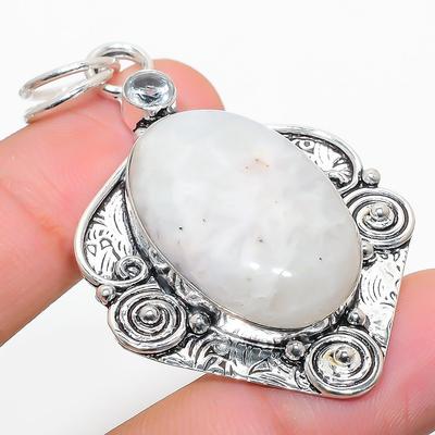 Natural Rainbow Moonstone, White Topaz 925 Sterling Silver Pendant 2.29" C8f05