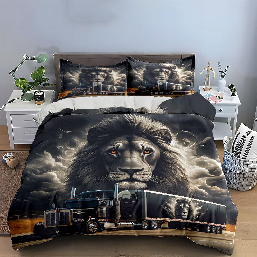 Bold Lion-Themed Truck Design Exquisite Three-Piece Bedding Set Gift For Kids And Adults