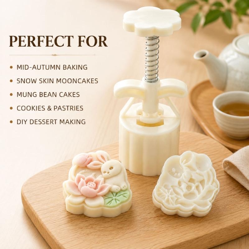 Lotuses Rabbit Moon Cake Molds 50G Manual Press Set, Plastic Pastry Shaping Tool for Pattern Dessert, Home Baking, and DIY Pastry Projects