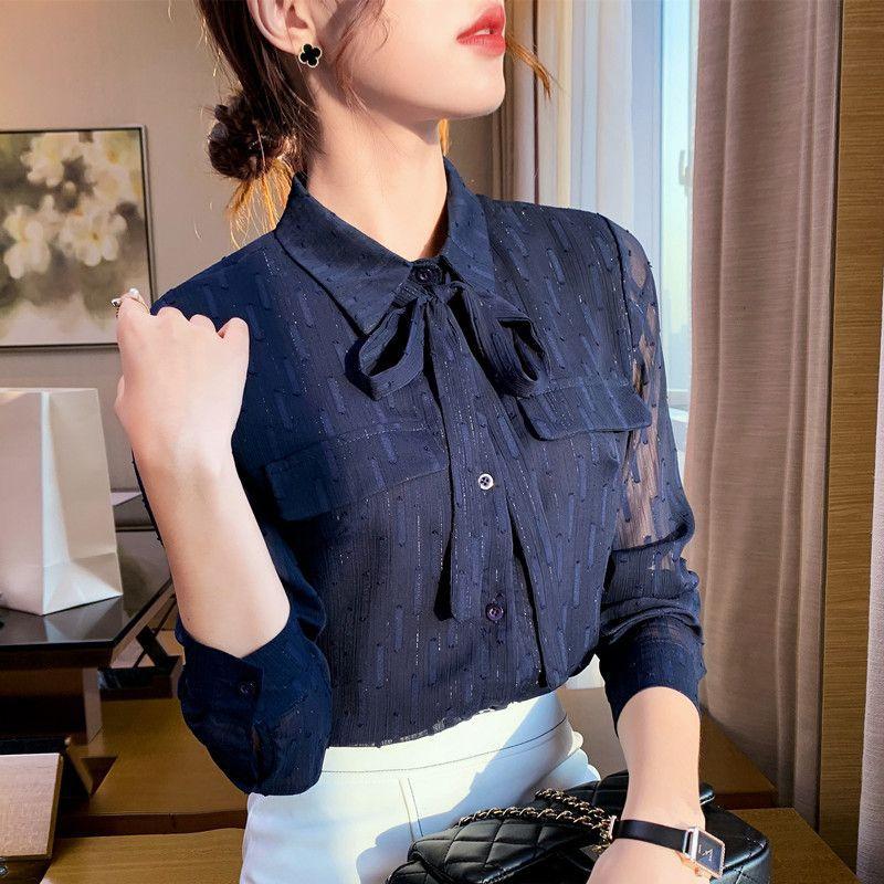 Bow-tie chiffon women's long-sleeve shirt, 2026 new model, spring and autumn blue blouse