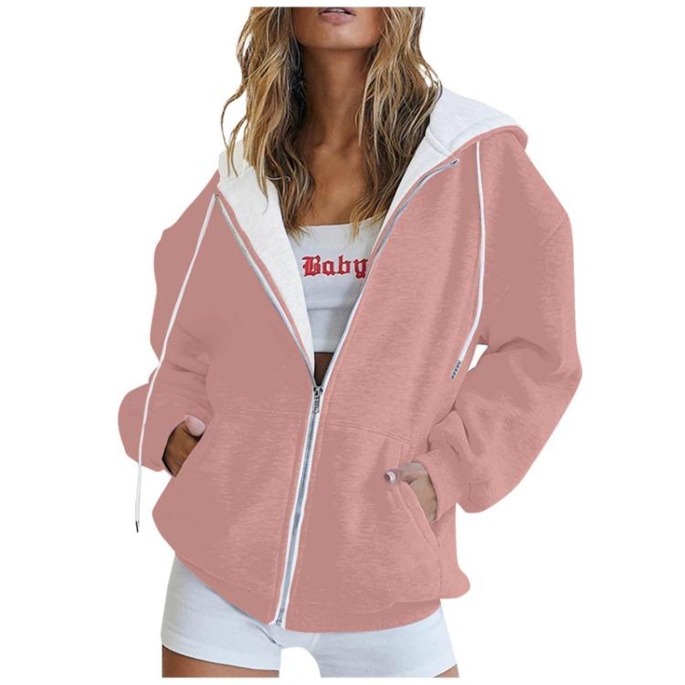 Women Casual Oversized Full Zip Hoodie, Contrast Liner Hooded Sweat Jacket, Soft Breathable Material Loose Outerwear with Pockets