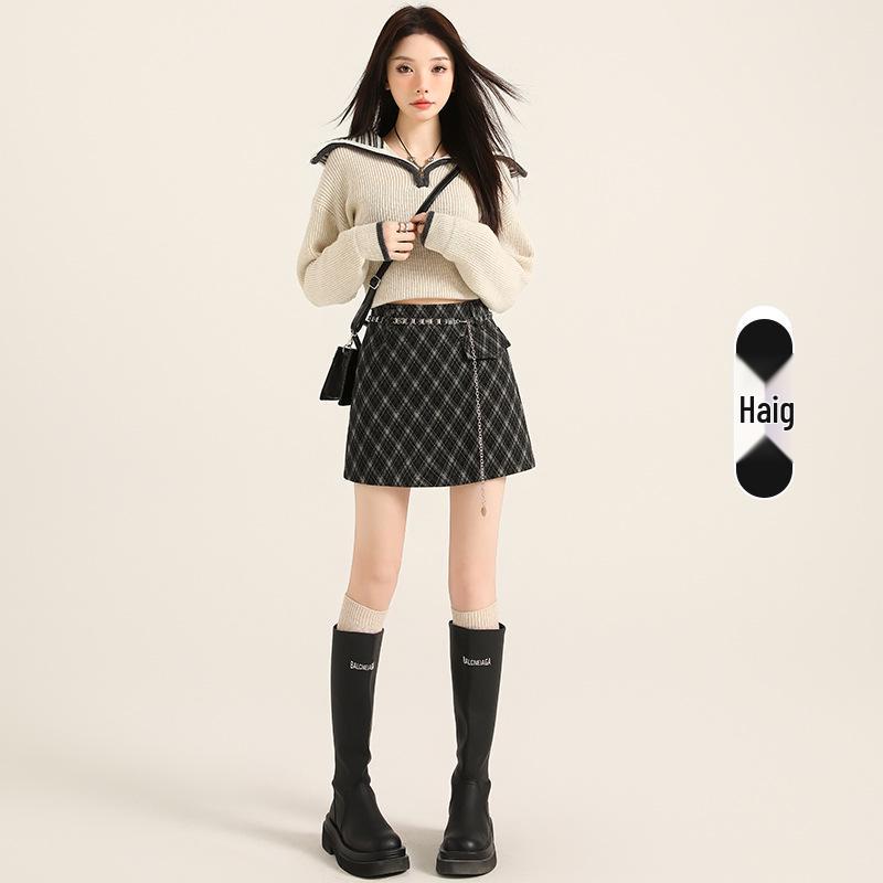 Women's 2026 Retro Plaid Woolen Chain High-Waist Bodycon A-line Skirt
