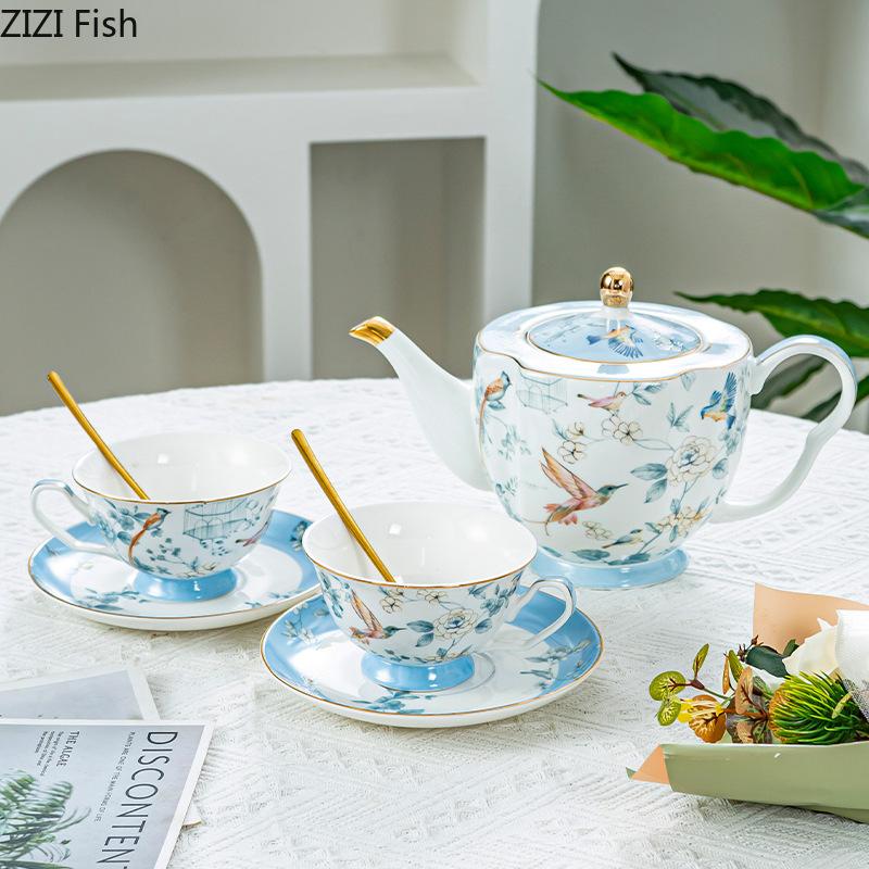 BRBlå Fågel Keramisk Kaffemugg Fat Retro Eftermiddagste Kaffekopp Tekanna Fat Set Par Kopp Set Hem Kreativ Dryckeskärl MuggEY