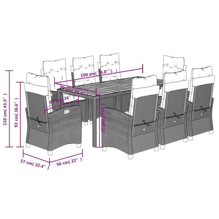 VidaXL Ensemble à Manger de Jardin avec Coussins 9 pcs, Table et Chaises avec Dossier Réglable, Meubles d'Extérieur, 3212661