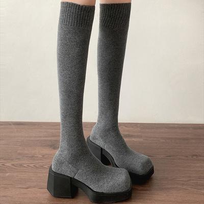 Modne jesienno-zimowe damskie elastyczne wyszczuplające skarpetogotowe Fashion Damskie buty na grubej podeszwie za kolano Wysokie botki
