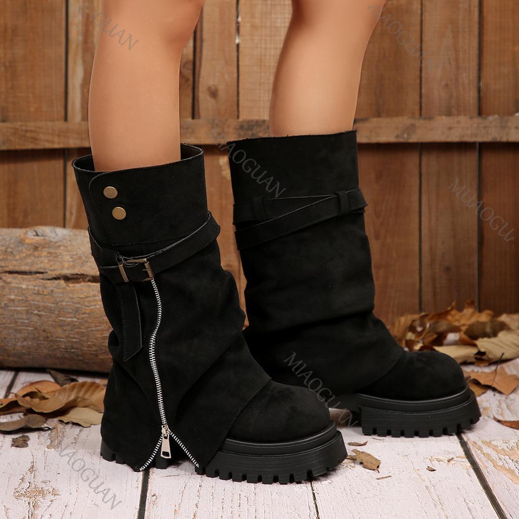 Spring Autumn New Round Toe Mid-Calf Boots Chunky Platform Buckle Strap Retro Western Plus Size Chunky Heels Women's Booties