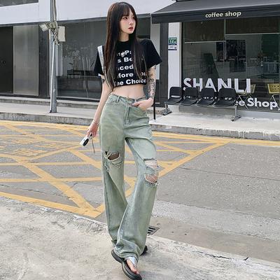 Ripped Jeans for Women Summer Double Button Washing Old Loose Straight Pants for Women Wide-leg Jeans for Women Spring and Summer